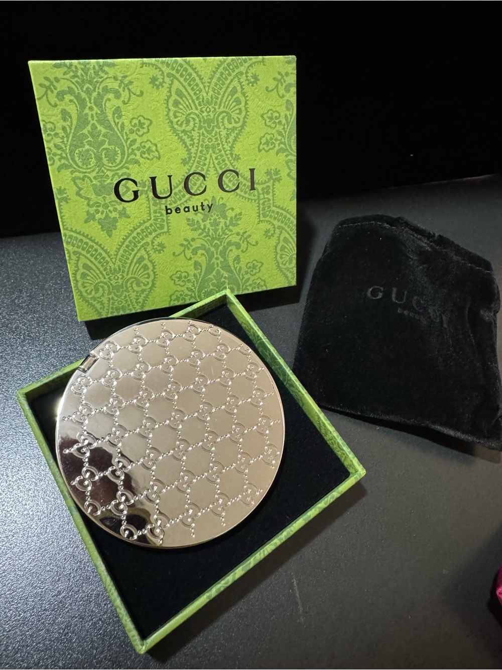 Gucci Beauty Silver 2 sided Compact Mirror with Signature Box GWP Gucci beauty